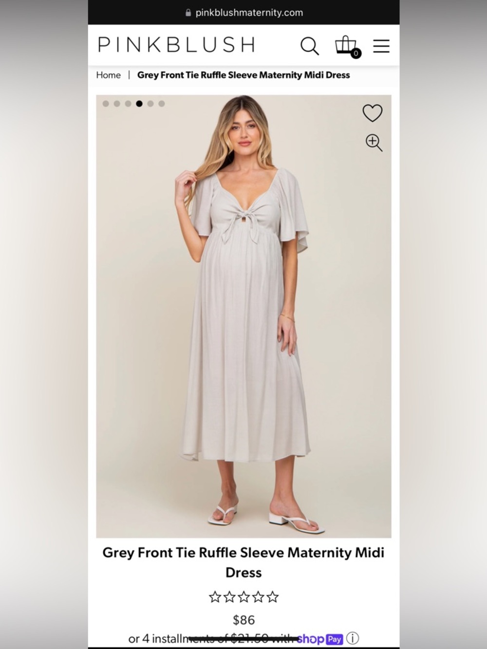 Grey Front Tie Ruffle Sleeve Maternity Midi Dress
